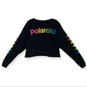 Black Polaroid Long Sleeve Crop Top w/ Colorful Graphics